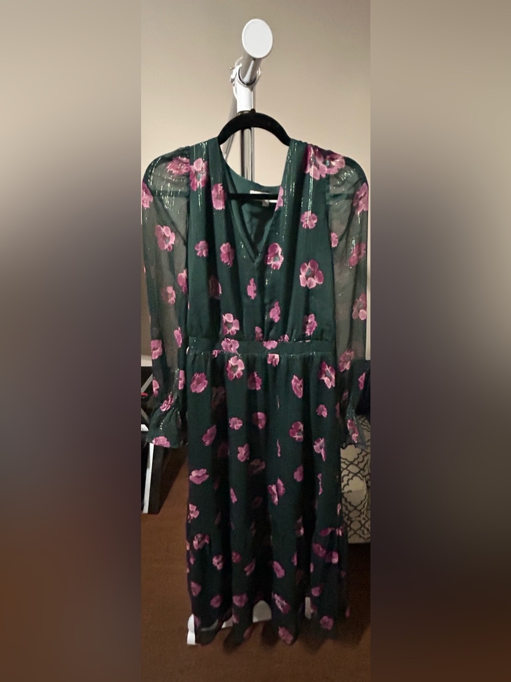 LOFT Dark Green Dress with Pink Floral Print
